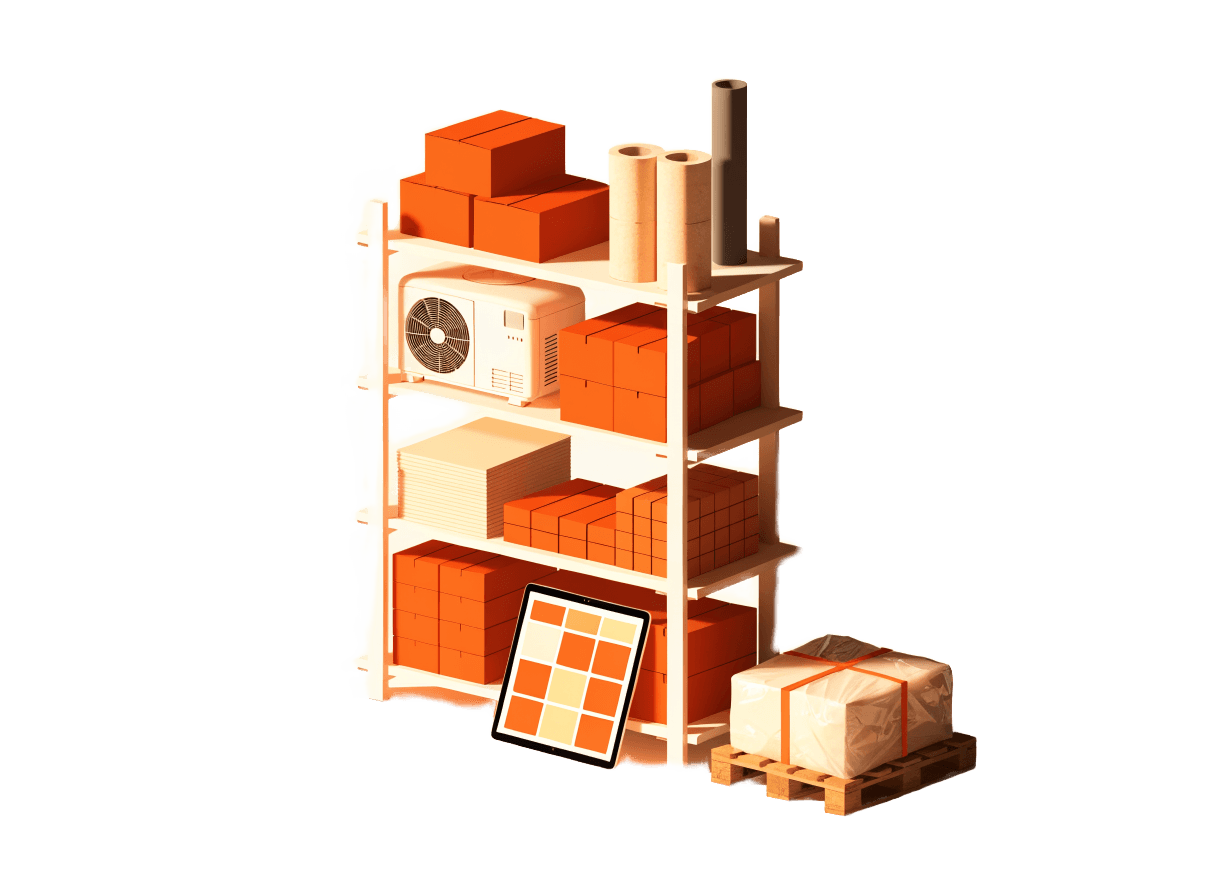 Illustration : étagère de produits d'équipement, pompe à chaleur, rouleaux d'isolant et tablette catalogue